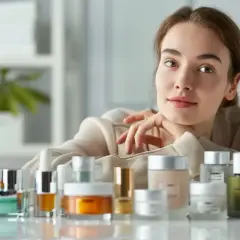 Kobieta z uśmiechem opiera się o stół z kosmetykami. Wśród nich kremy i serum z ceramidami dla zdrowej skóry.