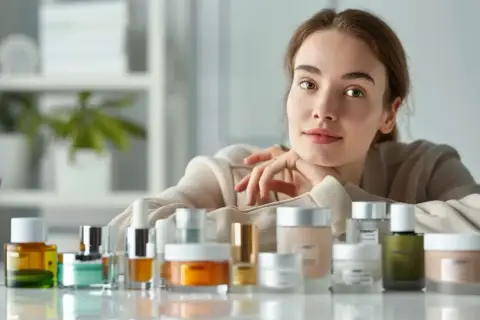 Kobieta z uśmiechem opiera się o stół z kosmetykami. Wśród nich kremy i serum z ceramidami dla zdrowej skóry.