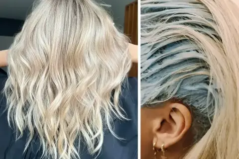 Efektowne farbowanie włosów na platynowy blond. Po lewej piękny, rozświetlony kolor, po prawej widać proces aplikacji farby.