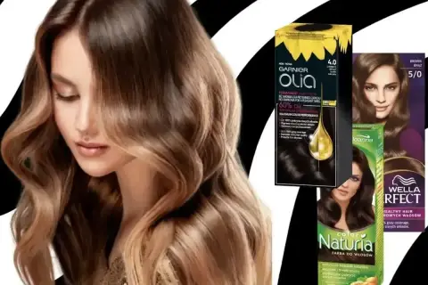 Kobieta z pięknymi, falowanymi włosami w odcieniu popielaty brąz. Obok opakowania farb do włosów Garnier Olia, Joanna i Wella.