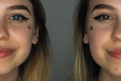 Dwie połowy twarzy młodej kobiety z makijażem i błyszczącym kolczykiem Christina piercing.