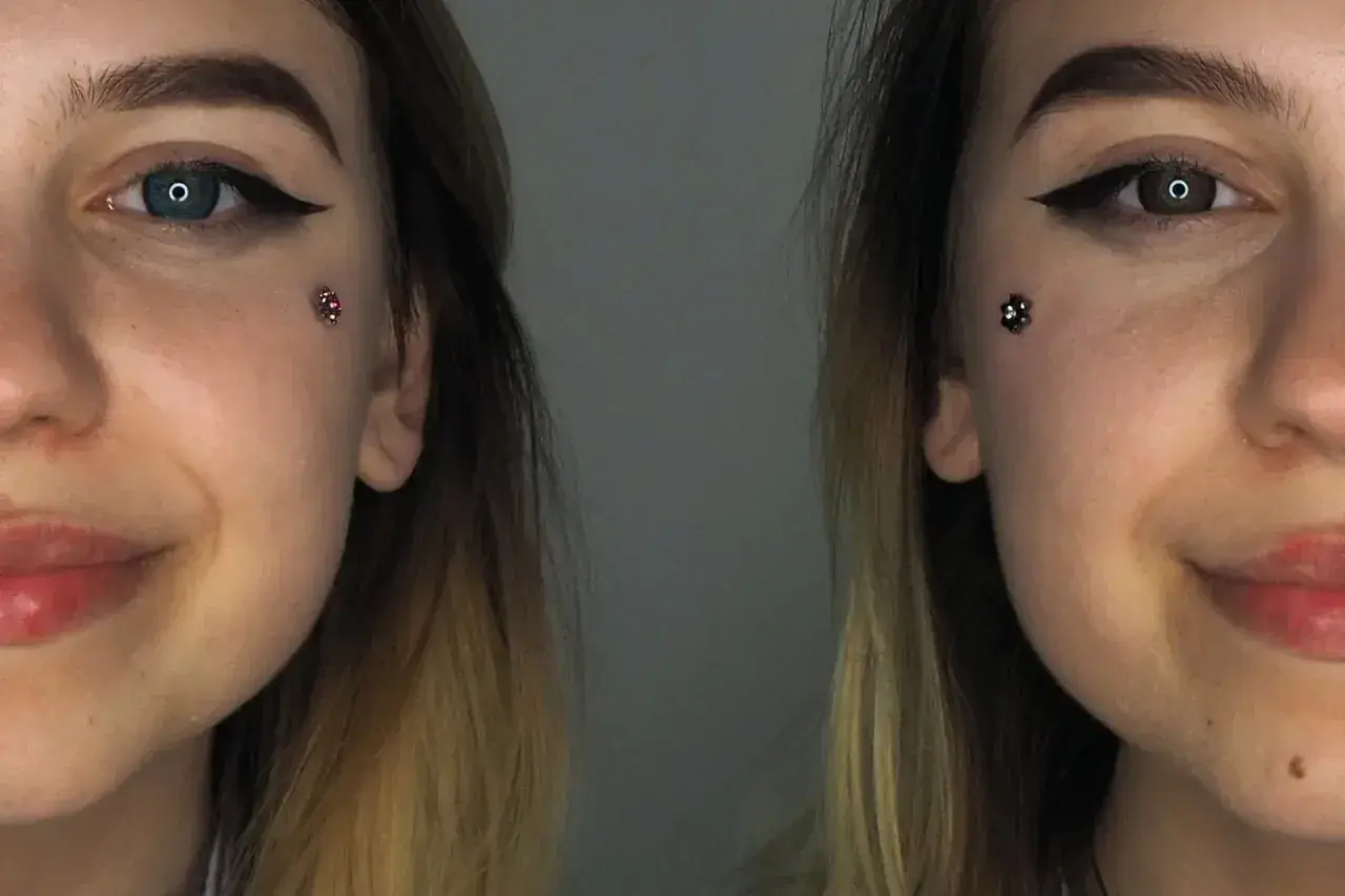 Dwie połowy twarzy młodej kobiety z makijażem i błyszczącym kolczykiem Christina piercing.